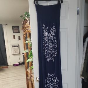 Chic Navy Blue Tube Top Style Maxi Dress with White Embroidery